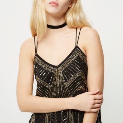 Black and gold embellished strappy cami top